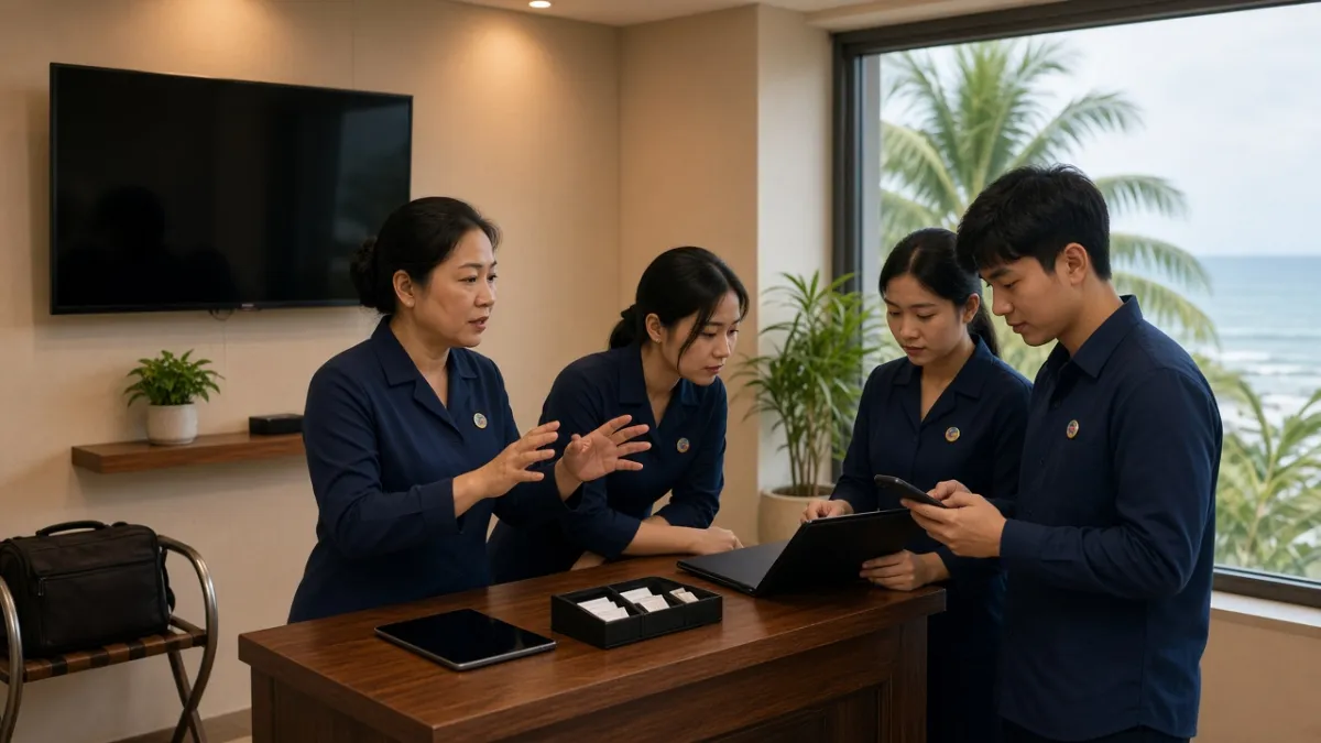 Nhân viên khách sạn Đà Nẵng thực hành SOP tại quầy mô phỏng, học quy trình qua tình huống thực tế cùng huấn luyện viên.