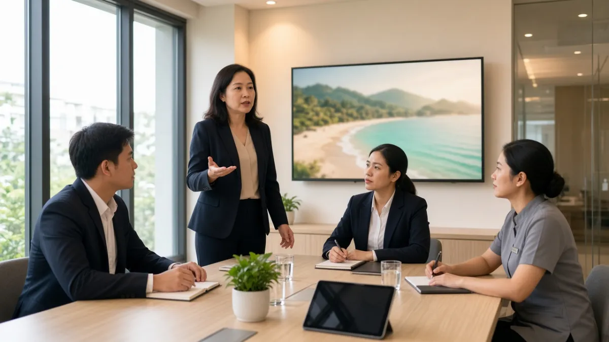 Quản lý đào tạo hướng dẫn nhân viên khách sạn tại phòng họp, màn hình TV và máy tính bảng hỗ trợ SOP điện tử.