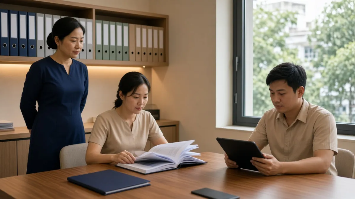 Nhân viên khách sạn Việt Nam học quy trình từ tài liệu tập trung trên kệ và sổ hướng dẫn trong phòng đào tạo nội bộ.