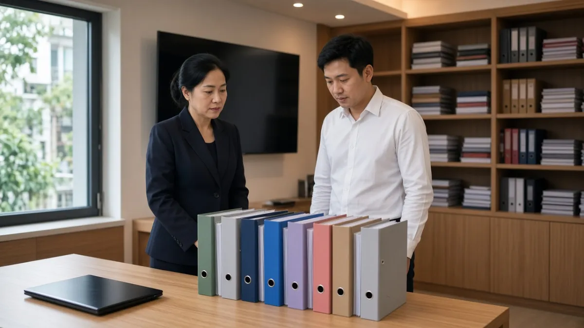 Nhân sự khách sạn cùng kiểm tra hồ sơ được phân loại trong văn phòng vận hành, minh bạch và dễ tiếp cận.