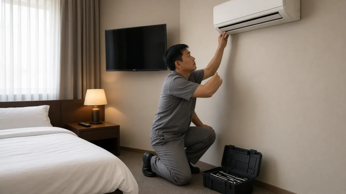 Kỹ thuật viên kiểm tra máy lạnh trong phòng khách sạn, minh họa việc theo dõi vị trí và bảo trì tài sản cố định định kỳ.