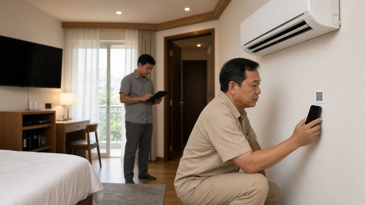 Nhân viên khách sạn quét mã QR trên máy lạnh trong phòng để kiểm kê và lên lịch bảo trì tài sản.