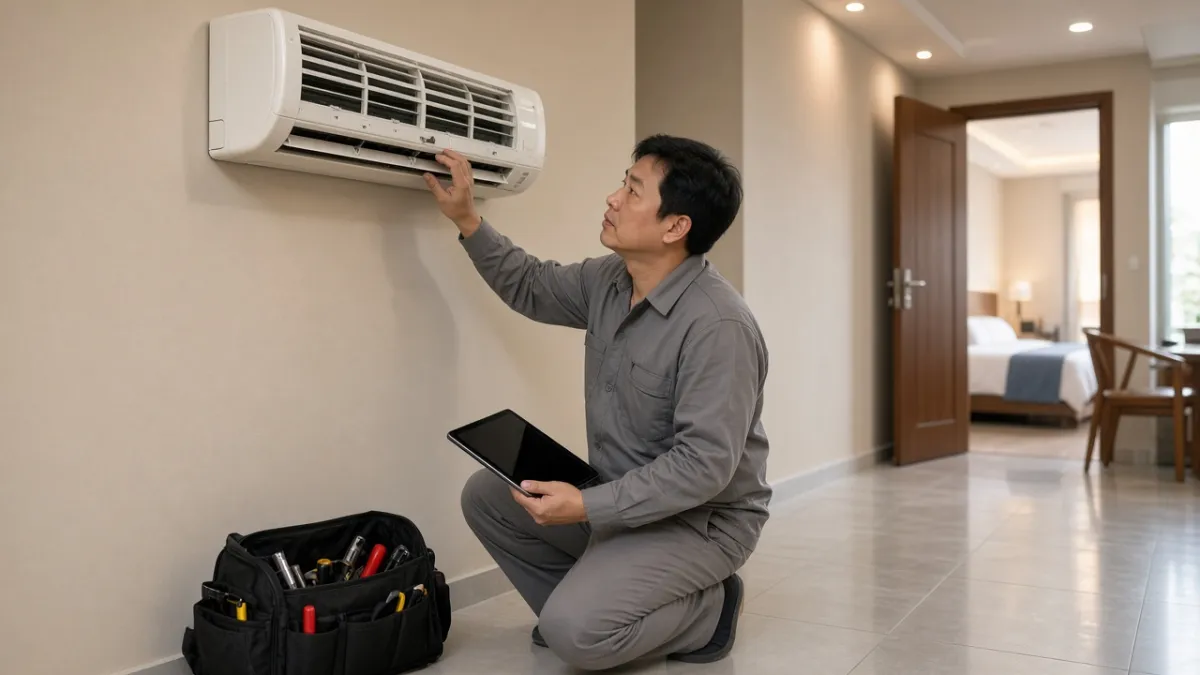 Kỹ thuật viên khách sạn kiểm tra máy lạnh bằng máy tính bảng, phòng nền gọn gàng, thể hiện quản lý tài sản chủ động.