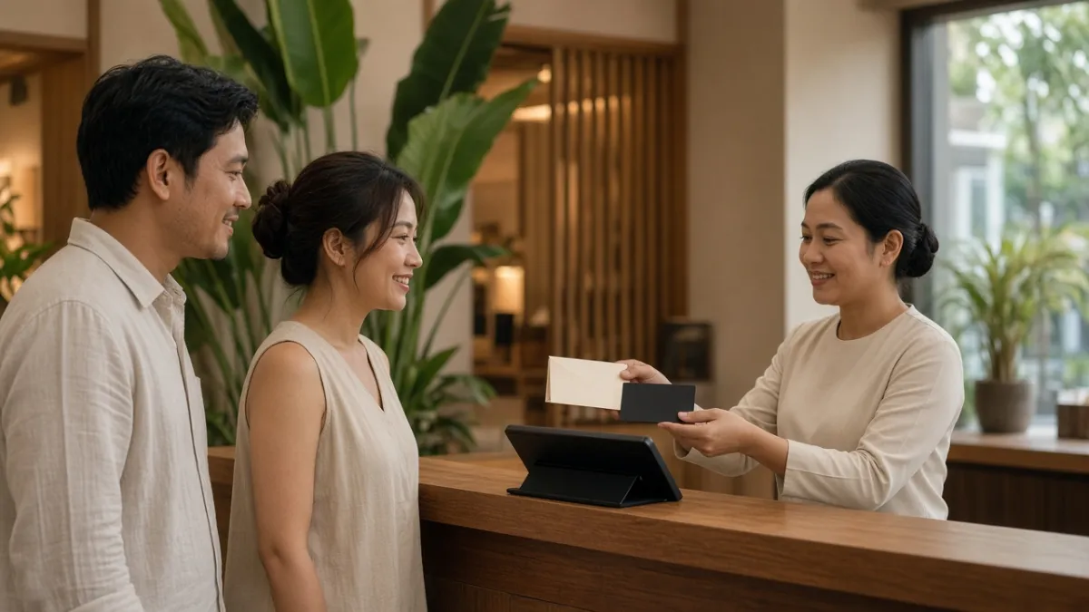 Lễ tân chào đón khách quen tại quầy khách sạn, trao thẻ thành viên và voucher để giữ chân khách hàng trung thành.
