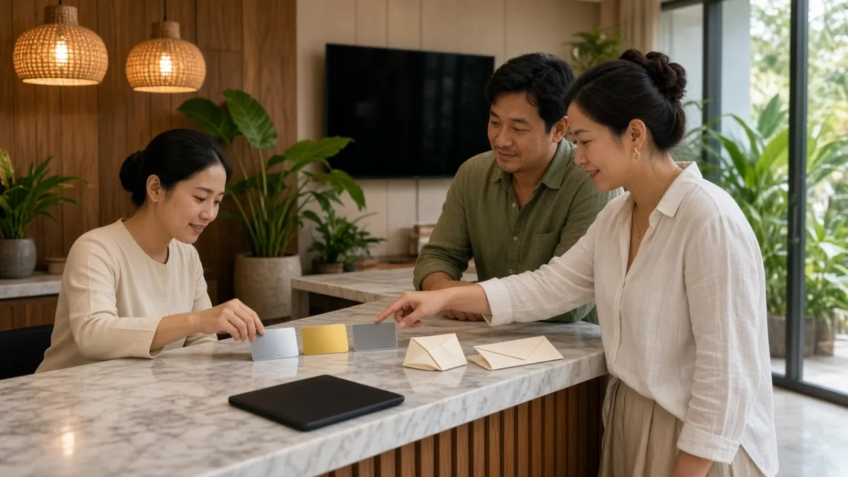 Lễ tân khách sạn trình bày thẻ thành viên hạng bạc-vàng-kim cương và phong quà tặng cho khách tại quầy tiếp tân.