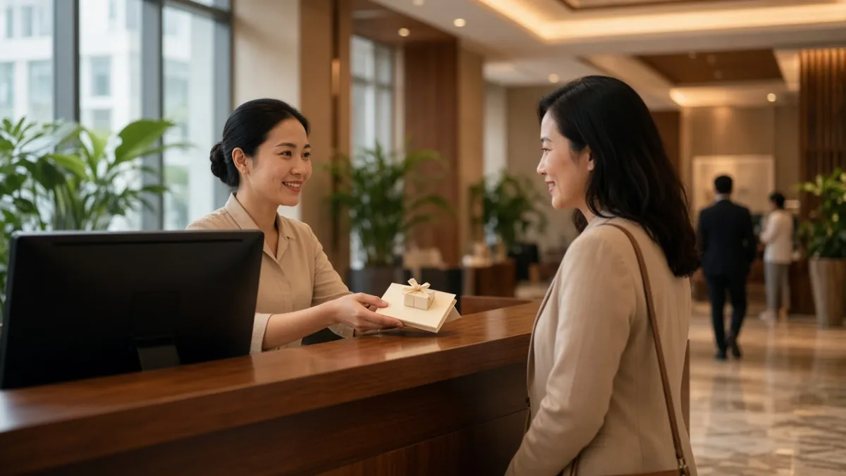 Nhân viên lễ tân khách sạn Việt Nam đón khách quay lại bằng quà và thẻ ưu đãi thành viên tại quầy tiếp tân.