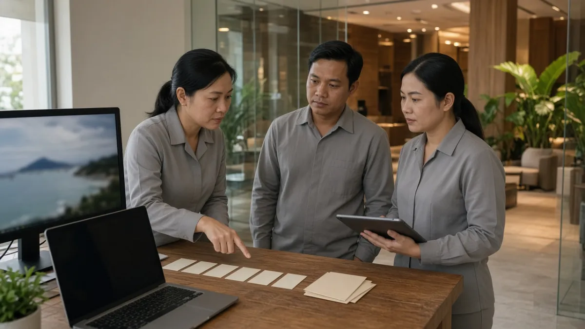 Nhân viên khách sạn Đà Nẵng họp triển khai thẻ thành viên và phiếu ưu đãi trong văn phòng hậu cần.