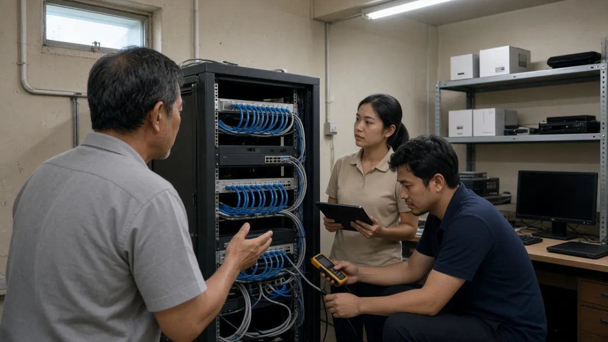 Trưởng nhóm IT hướng dẫn hai kỹ thuật viên trẻ kiểm tra tủ mạng trong phòng thiết bị khách sạn.