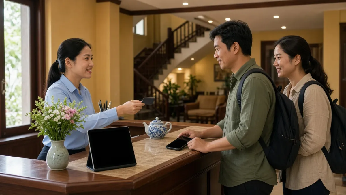 Lễ tân khách sạn đón khách check-in tại quầy, thể hiện kết nối đặt phòng trực tuyến với dịch vụ lưu trú.