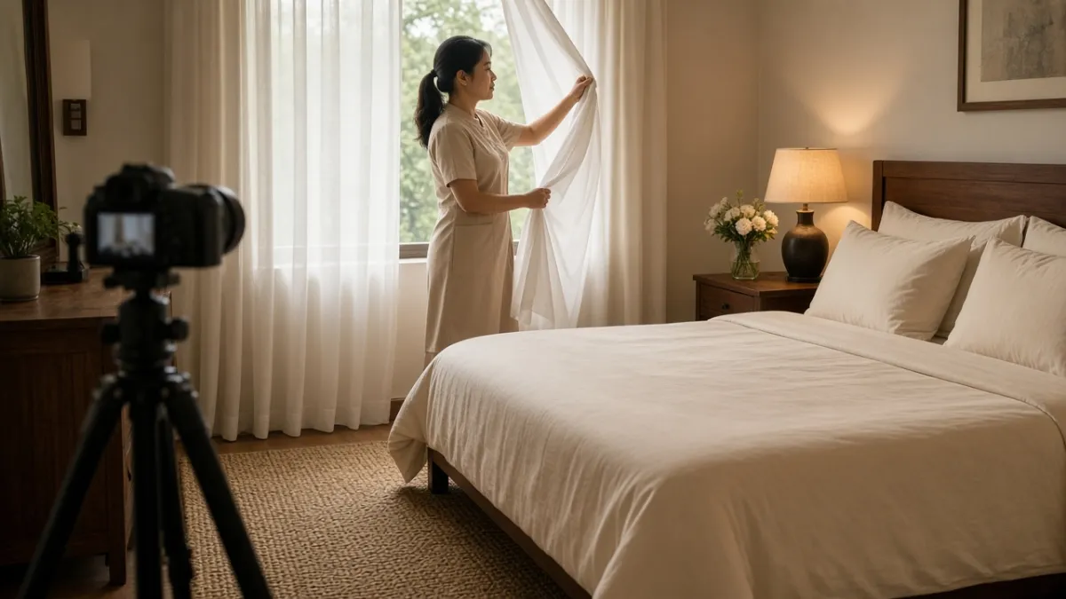 Nhân viên chỉnh rèm để ánh sáng dịu vào phòng ngủ, máy ảnh trên chân máy chụp ảnh tối ưu hồ sơ OTA.
