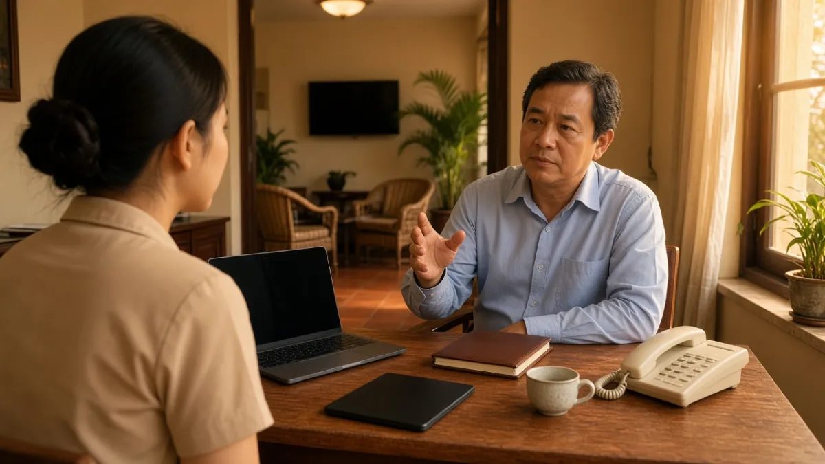 Chủ khách sạn trao đổi với lễ tân tại bàn làm việc, bên cạnh máy tính và thiết bị tắt màn hình.