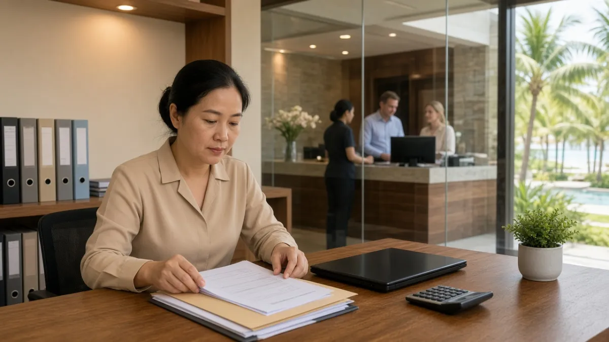 Kế toán resort Đà Nẵng xử lý sổ sách trong phòng hành chính, tách biệt quầy lễ tân phía sau vách kính.