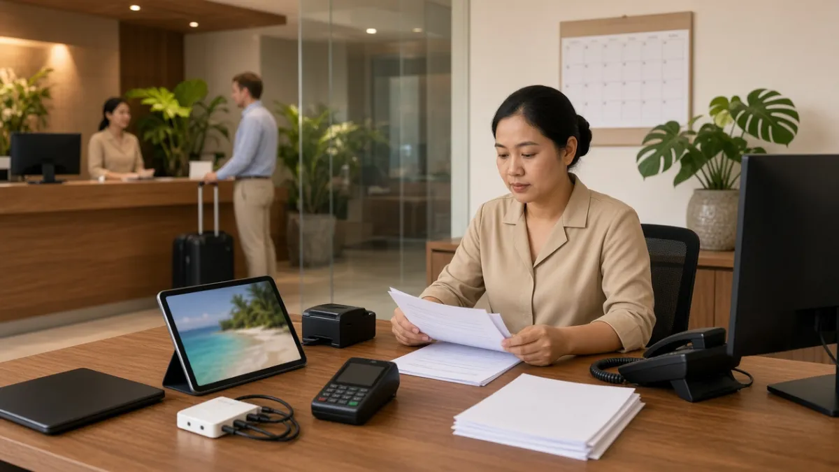 Nhân viên khách sạn Việt Nam tại bàn quản trị với máy POS, máy tính bảng và hub kết nối nhiều hệ thống.