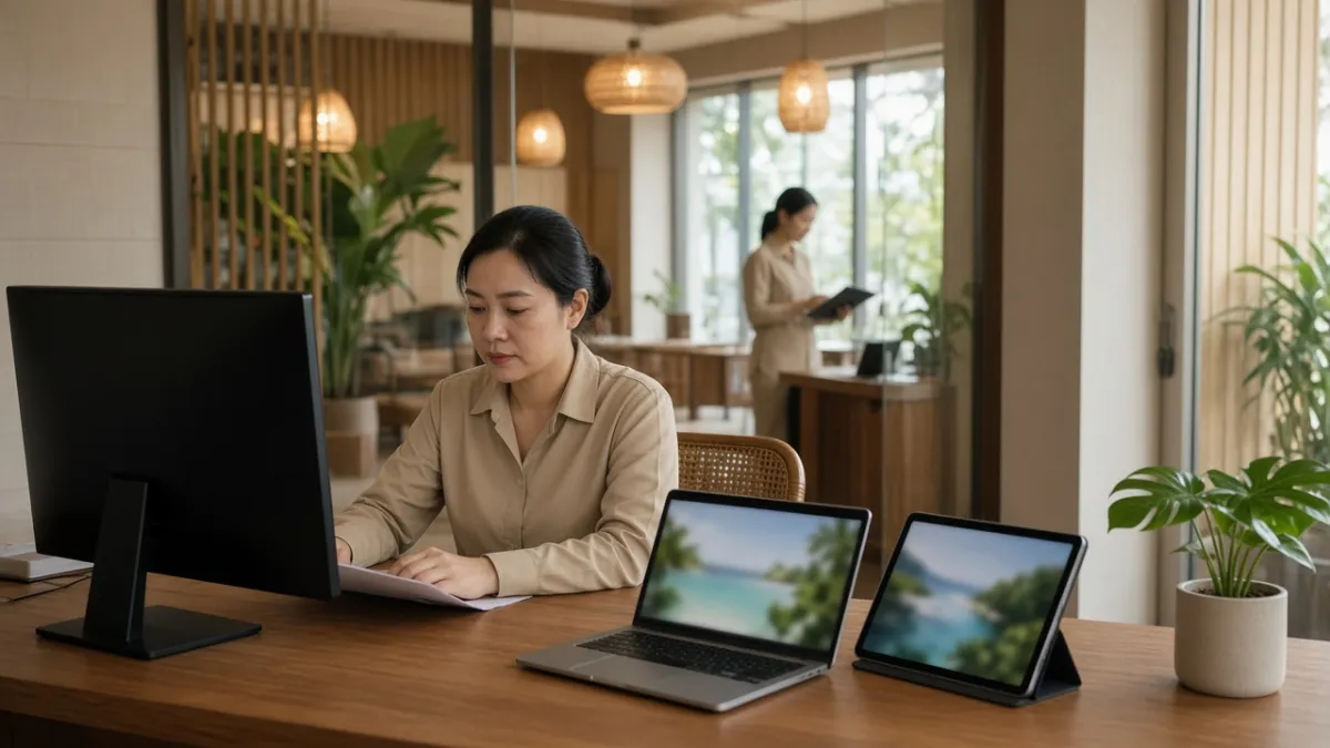 Kế toán khách sạn dùng máy tính nội bộ, laptop và tablet tại văn phòng hậu cảnh, minh họa hosting và truy cập từ xa.