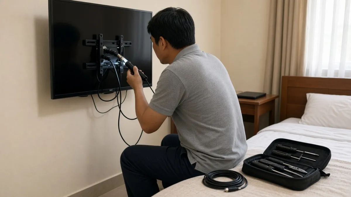 Kỹ thuật viên kiểm tra dây cáp phía sau TV treo tường trong phòng khách sạn, thể hiện bảo trì định kỳ.