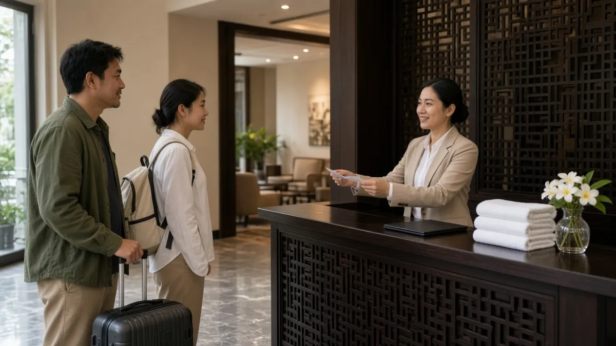 Lễ tân đón tiếp cặp khách có vali và trao thẻ phòng tại quầy gỗ trong sảnh khách sạn hiện đại.