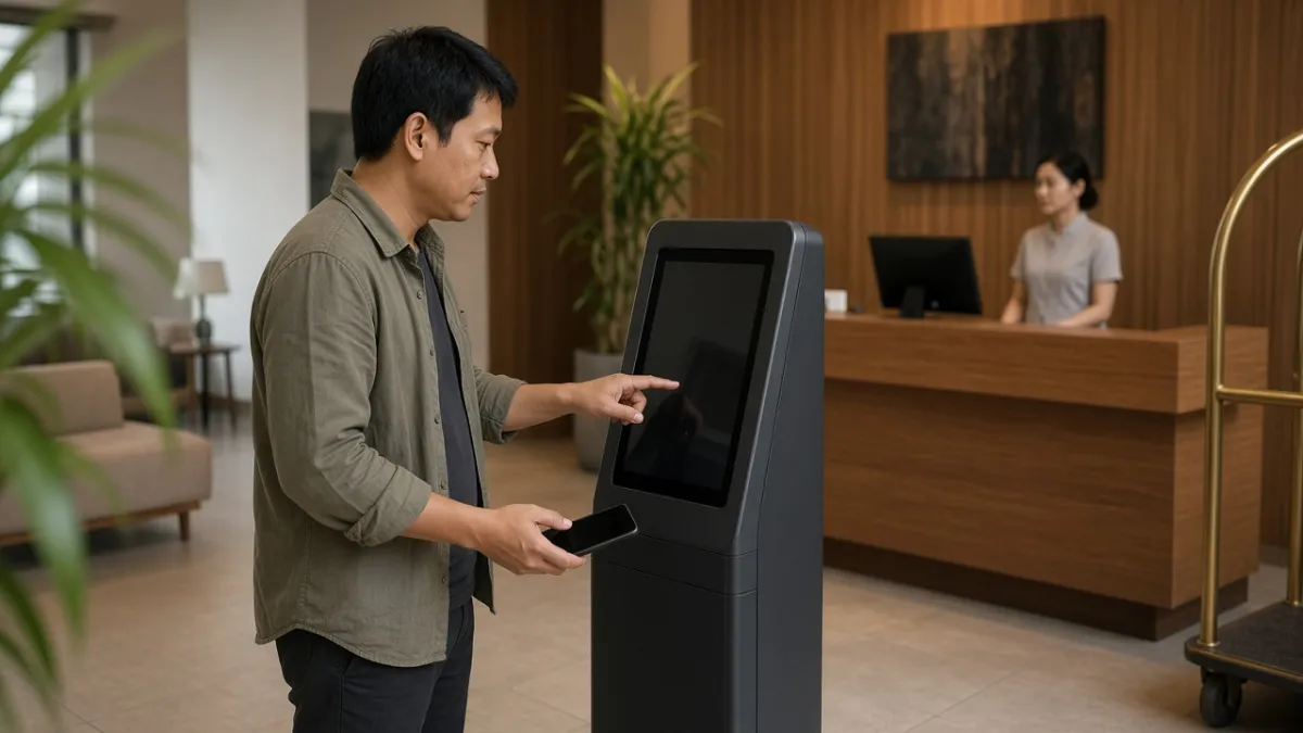 Khách thao tác quầy tự phục vụ trong sảnh khách sạn, cầm điện thoại; nhân viên lễ tân đứng quầy phía sau.