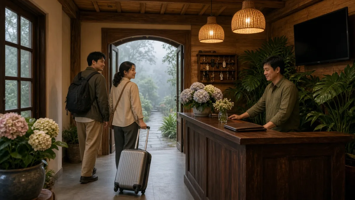 Đôi khách kéo vali rời sảnh gỗ, nhân viên lễ tân chào tạm biệt sau check-out — dấu ấn trải nghiệm chuyên nghiệp.