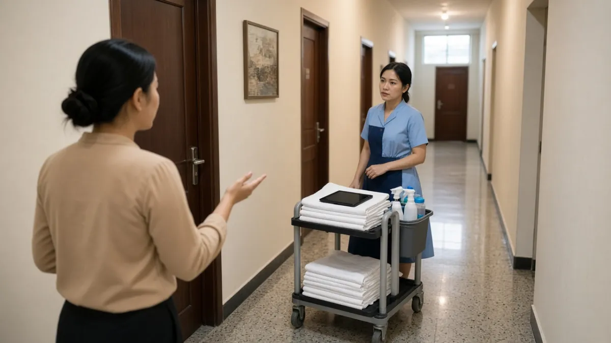Nhân viên lễ tân và buồng phòng trao đổi bên hành lang phục vụ khách sạn, thể hiện phối hợp giữa các bộ phận.