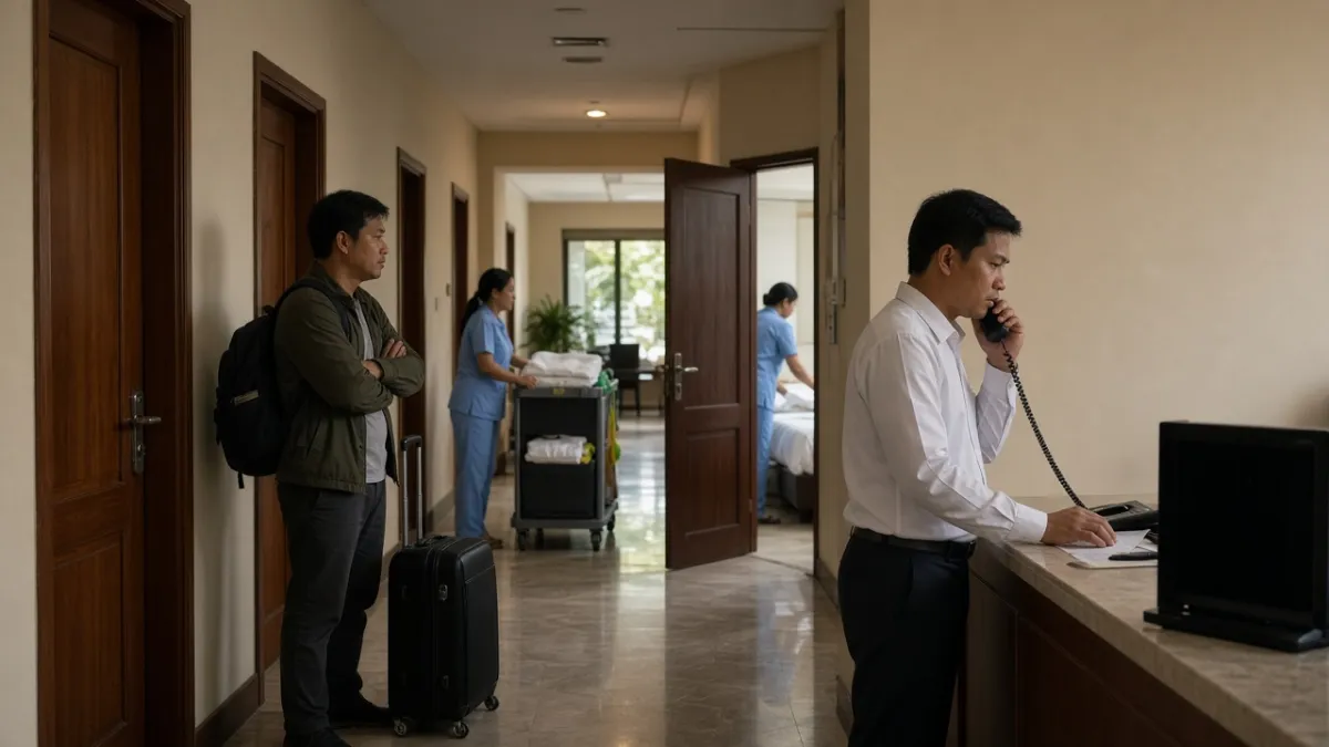 Khách chờ ở sảnh trong khi buồng phòng vẫn dọn phòng và lễ tân điện thoại điều phối — minh họa lệch nhịp giữa các bộ phận.