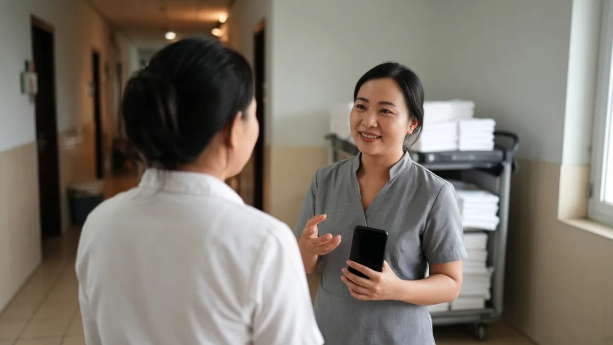 Nhân viên lễ tân và buồng phòng trao đổi thân thiện trong hành lang, phối hợp nhanh khi phòng sẵn sàng đón khách.