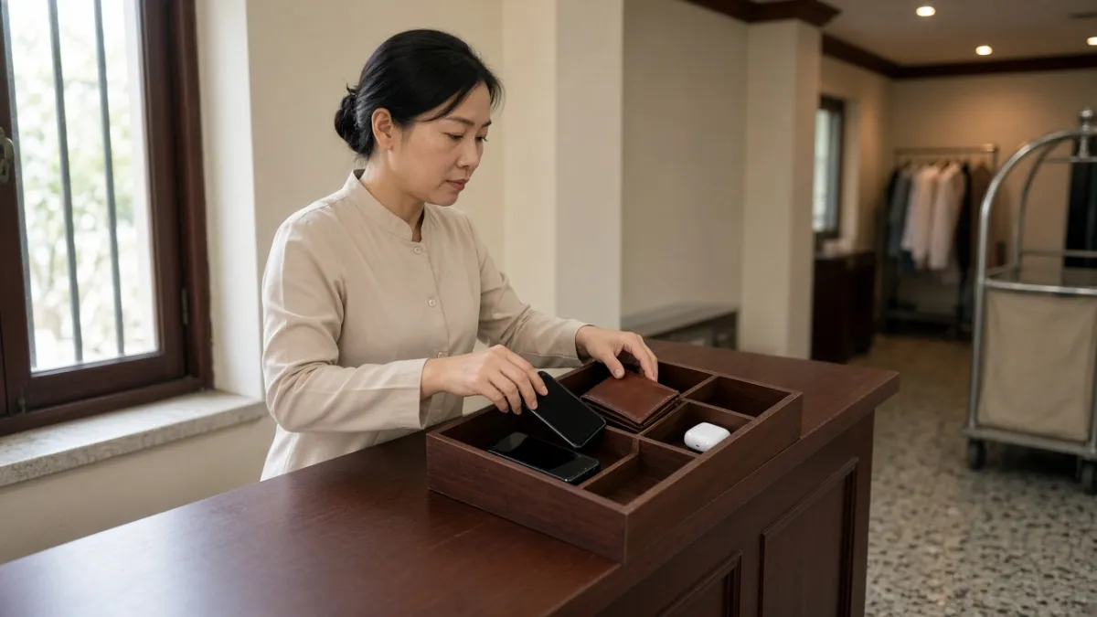 Nhân viên lễ tân sắp xếp cẩn thận điện thoại, ví và tai nghe khách bỏ quên vào khay đồ thất lạc.
