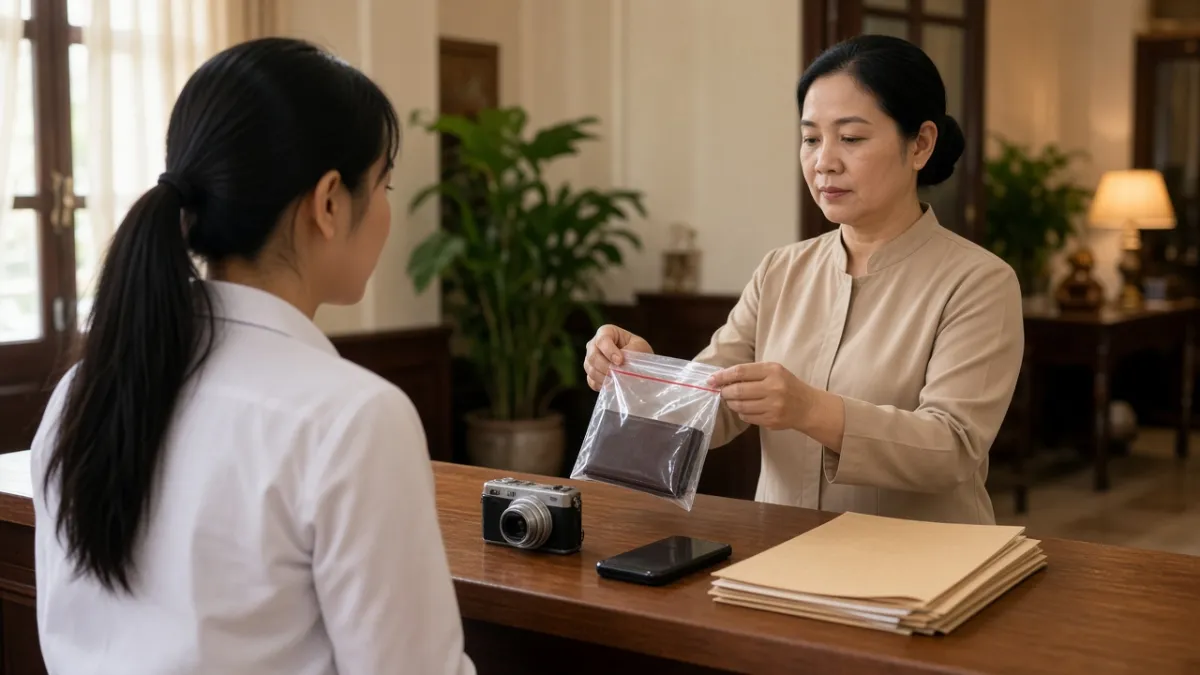 Nhân viên buồng bàn giao ví khách niêm phong cho lễ tân sau khi dọn phòng, thể hiện quy trình xử lý chuyên nghiệp.