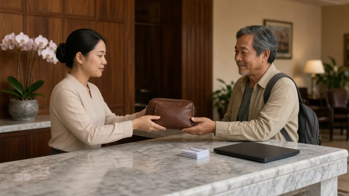 Nhân viên lễ tân trả lại túi da cho khách tại quầy, thể hiện quy trình Lost & Found chuyên nghiệp.
