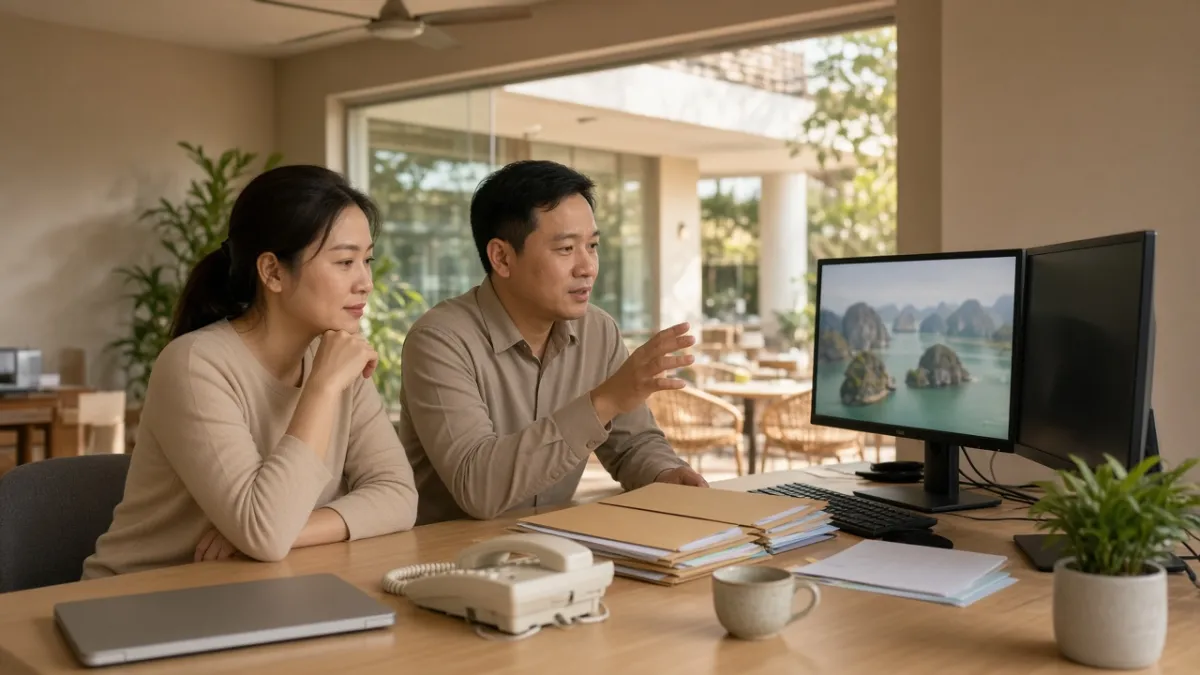 Nhân viên đặt phòng khách sạn tại Đà Nẵng thảo luận dữ liệu khách và kế hoạch doanh thu theo mùa.