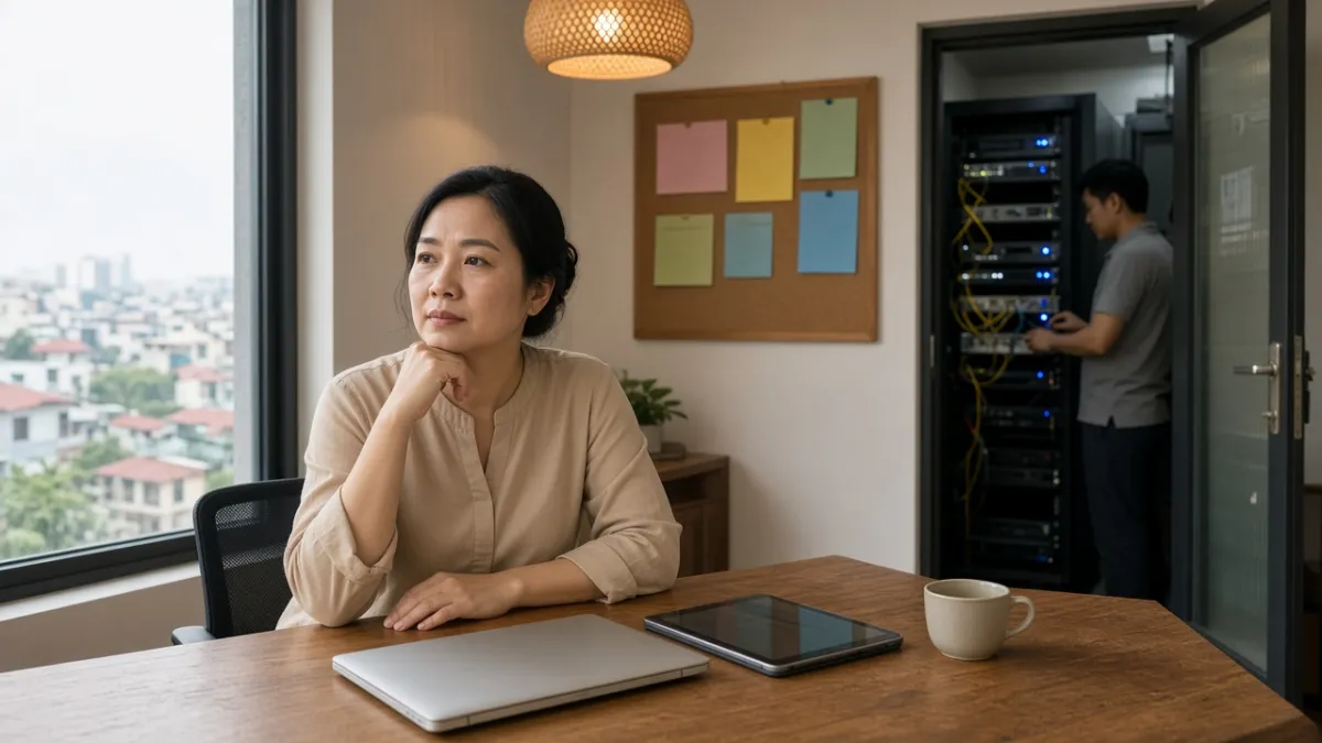 Quản lý khách sạn Việt Nam suy nghĩ về ưu nhược điểm phân tích AI: bàn làm việc đơn giản, máy chủ phía sau.