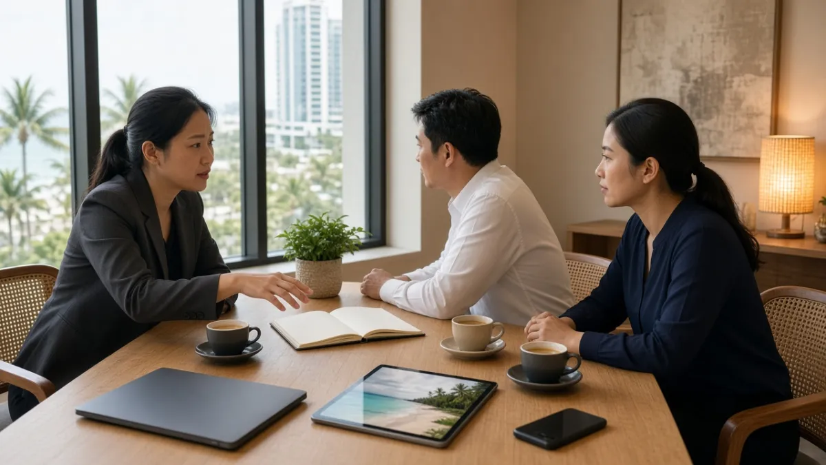 Chuyên gia tư vấn và đội ngũ khách sạn họp bàn triển khai hệ thống AI phân tích trong văn phòng hiện đại.