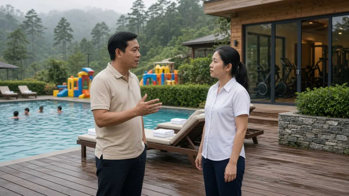 Quản lý giải trí trao đổi với nhân viên hồ bơi trên sàn gỗ, bên cạnh hồ bơi và khu vui chơi trẻ em.