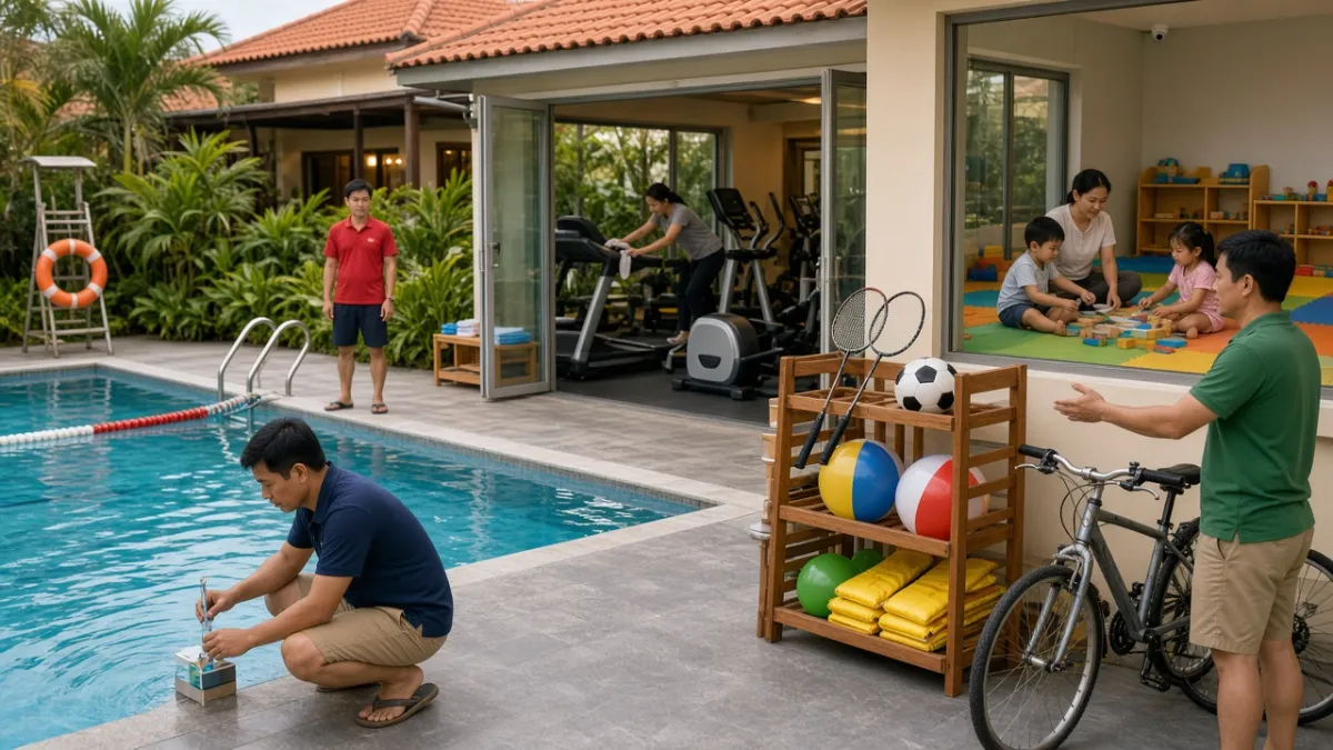 Buổi sáng sớm, nhân viên kiểm tra hồ bơi, vệ sinh gym, giám sát khu trẻ em và chuẩn bị dụng cụ thể thao ngoài trời.