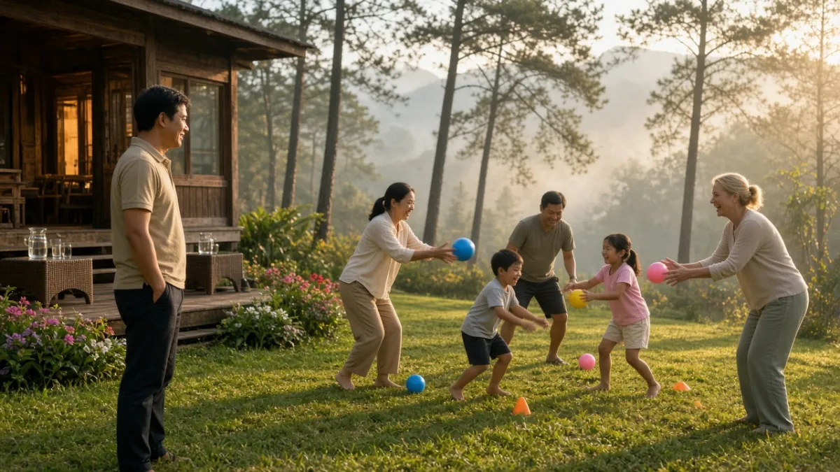 Quản lý giải trí khách sạn quan sát khách tham gia trò chơi ngoài trời trên bãi cỏ, không khí vui vẻ ấm áp.