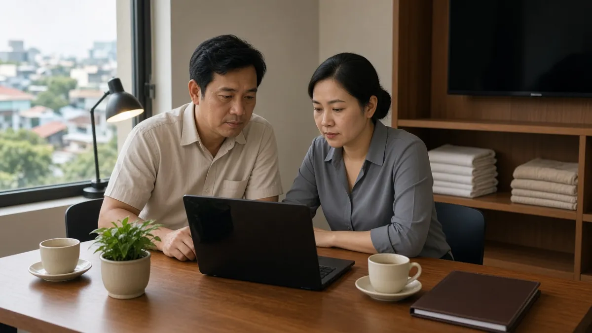 Hai nhân sự khách sạn trao đổi trong văn phòng hành chính, thể hiện đội ngũ quản lý chuyên nghiệp.