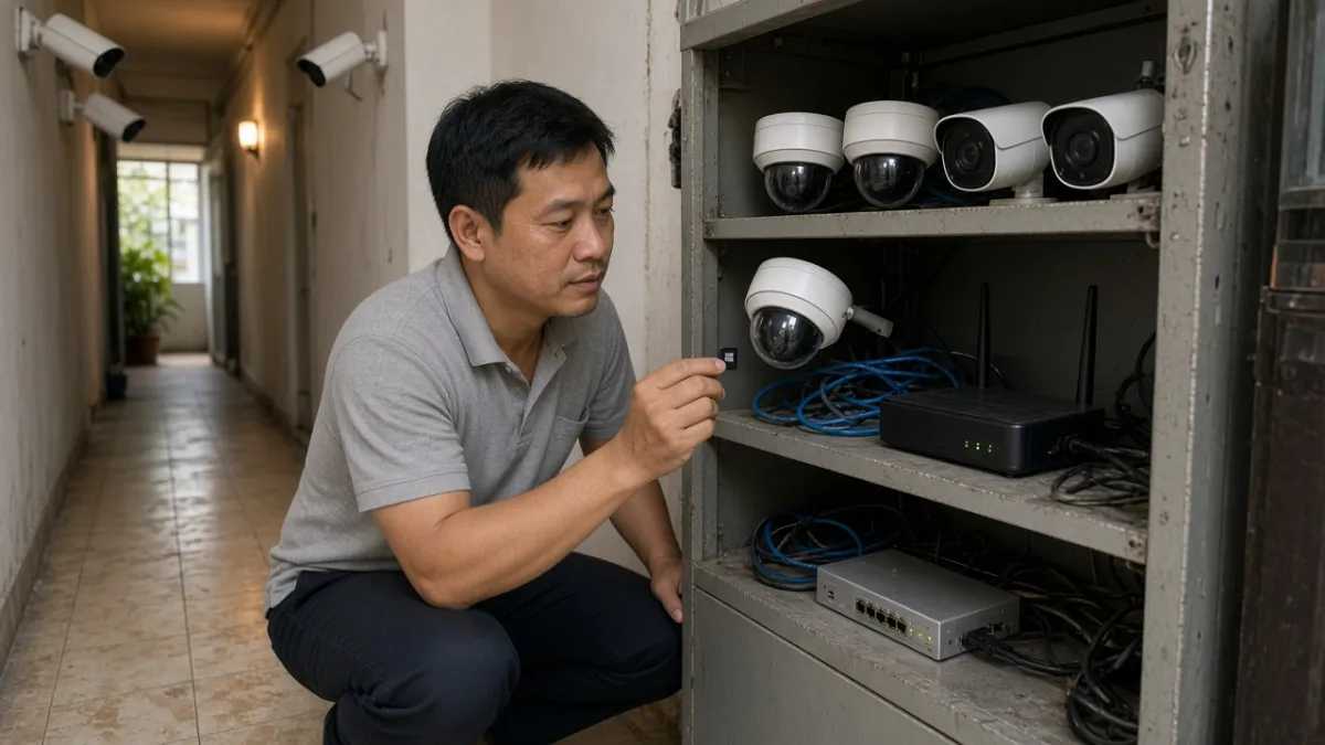 Kỹ thuật viên sắp xếp nhiều camera và thẻ nhớ trong tủ thiết bị chật của khách sạn nhỏ, hành lang đã lắp thêm mắt.