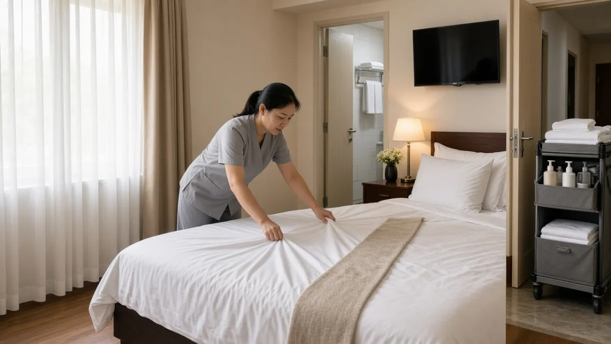 Nhân viên buồng phòng đang trải ga giường theo quy trình dọn phòng, xe đẩy đầy khăn và đồ tiện nghi ở cửa.