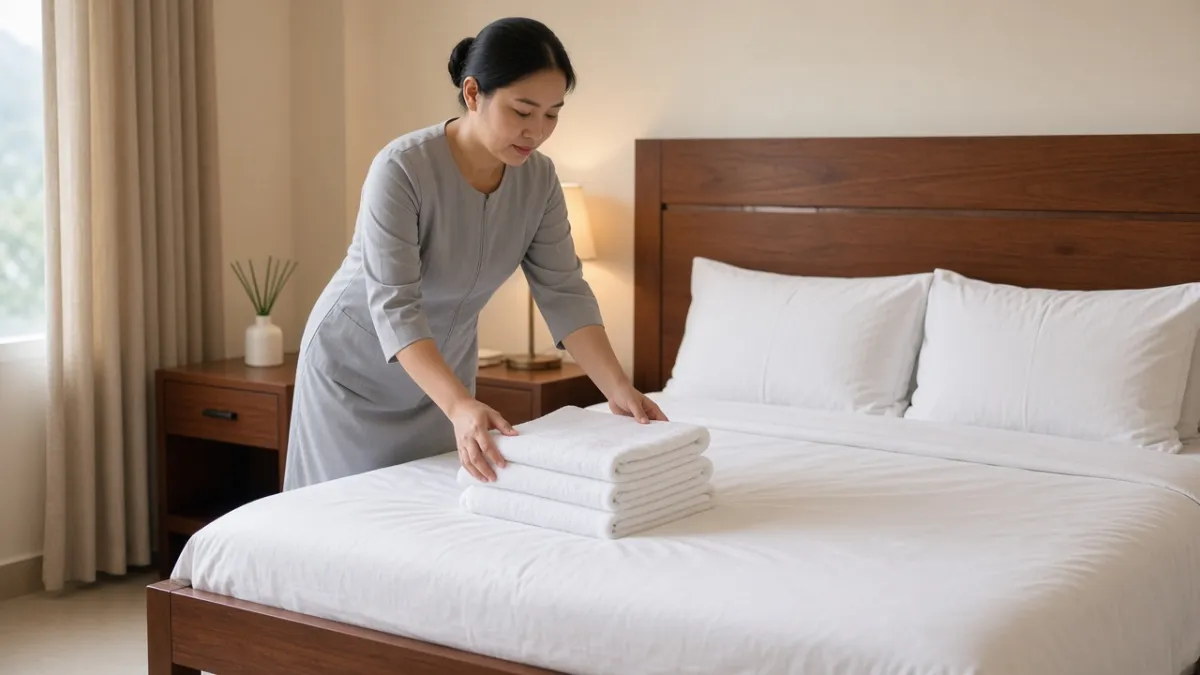 Nhân viên buồng phòng đặt khăn tắm trắng lên giường đã chăn gối, bên cạnh lọ tinh dầu thơm trên tủ đầu giường.