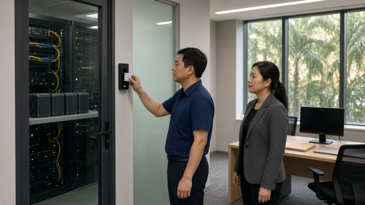 Nhân viên IT quẹt thẻ kiểm soát truy cập phòng máy chủ khách sạn, quản lý tài chính giám sát an toàn dữ liệu.