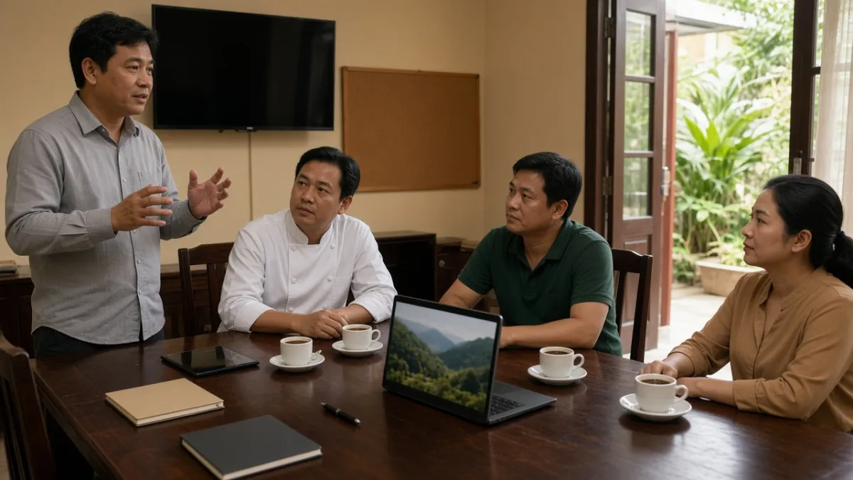Quản lý kinh doanh marketing họp phối hợp với bếp và đồng nghiệp các bộ phận tại phòng làm việc khách sạn.