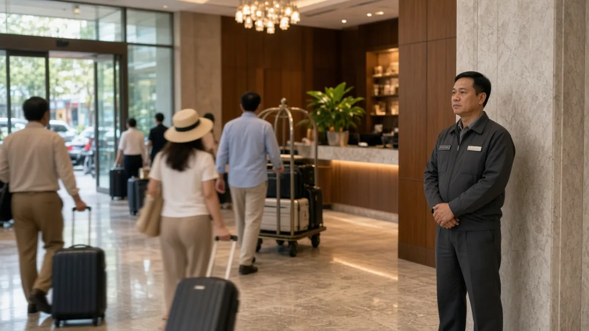 Nhân viên an ninh đứng kín đáo bên cột sảnh khách sạn, quan sát khách vào nhận phòng trong ánh sáng ấm.