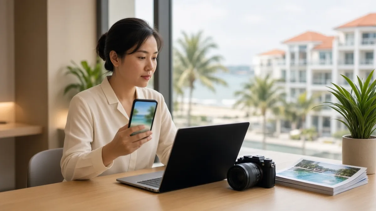 Nhân viên khách sạn tối ưu website trên điện thoại và laptop, chuẩn bị ảnh resort trong văn phòng ven biển.