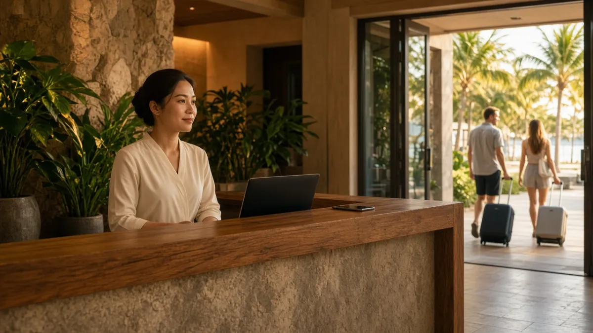 Nhân viên khách sạn Đà Nẵng tại quầy lễ tân với laptop, khách đến trực tiếp qua cửa kính — minh họa SEO đưa đặt phòng về website.