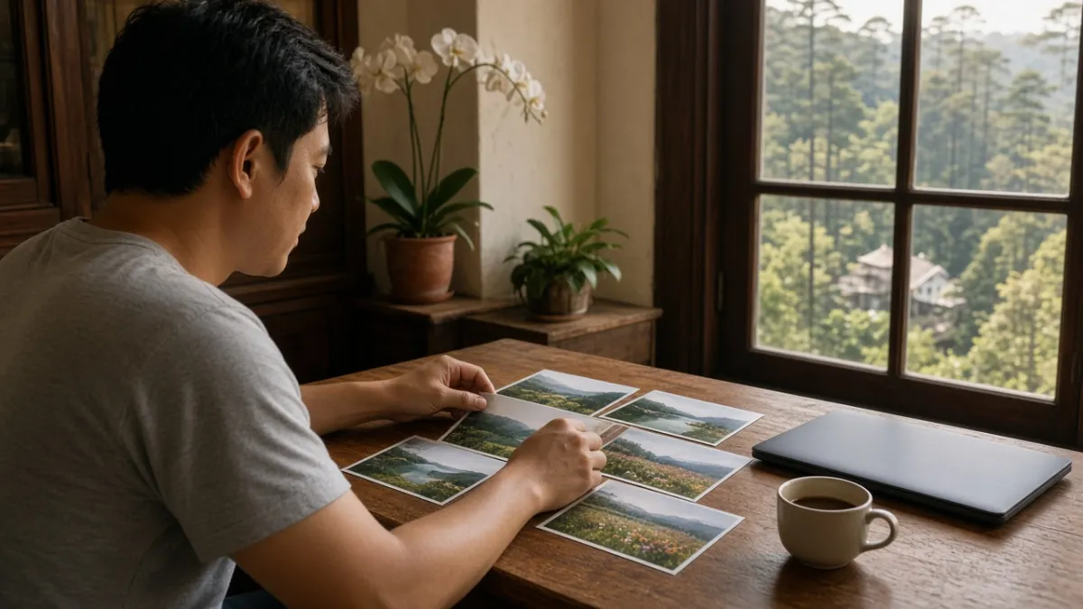 Nhân viên đang lựa chọn hình ảnh phong cảnh để biên tập bài viết blog du lịch cho website khách sạn.