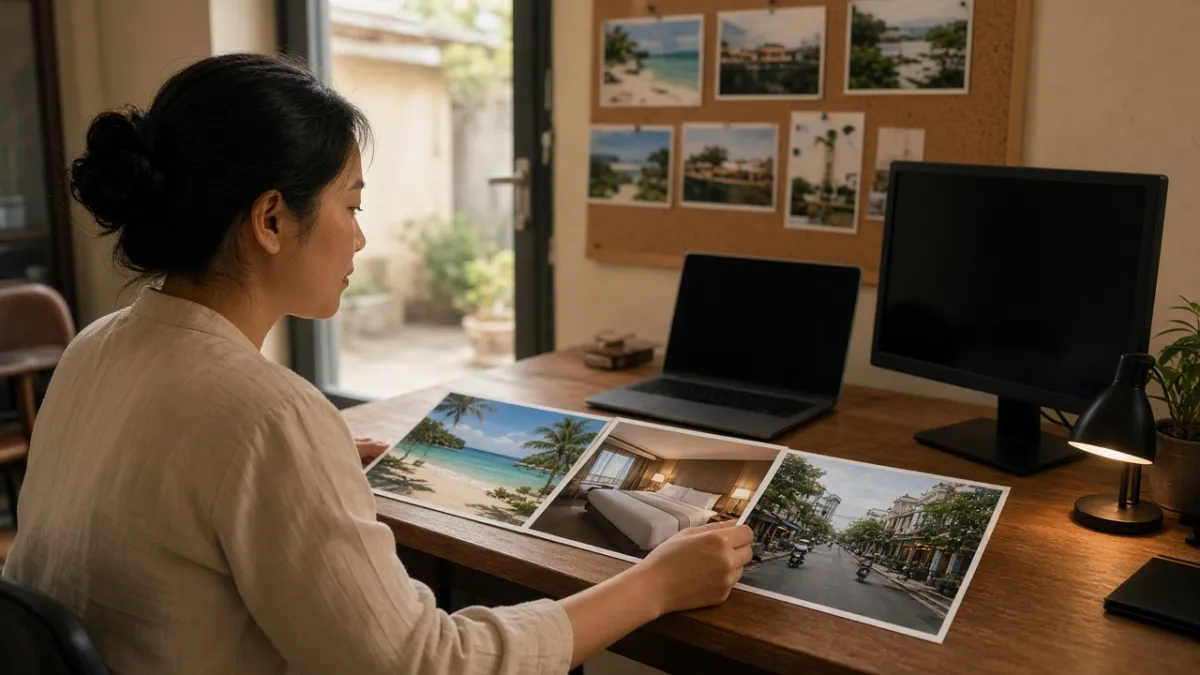 Nhân viên khách sạn sắp xếp ảnh in bãi biển và phòng nghỉ trên bàn, chuẩn bị nội dung trang web cụ thể hơn.