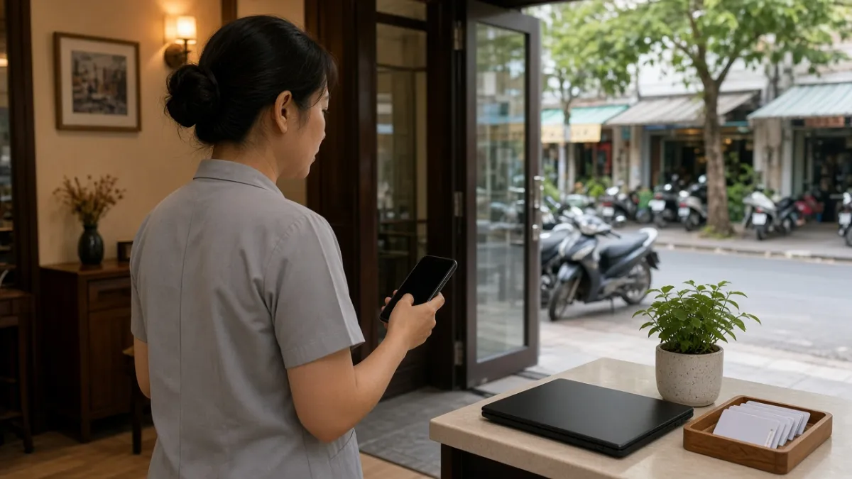 Nhân viên lễ tân khách sạn thành phố tại quầy, nhìn ra khu phố địa phương — gợi ý SEO địa phương.
