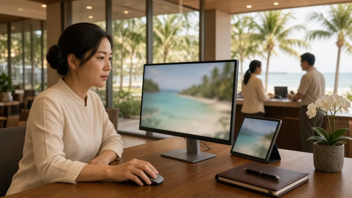 Quản lý đặt phòng khách sạn Đà Nẵng làm việc tại quầy lễ tân, phân tích dữ liệu ngay tại điểm chạm nghiệp vụ.