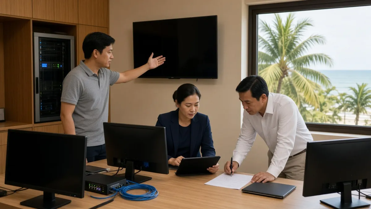 Đội ngũ IT và vận hành khách sạn Đà Nẵng triển khai BI nhúng trong phòng điều hành, trước các màn hình tắt.