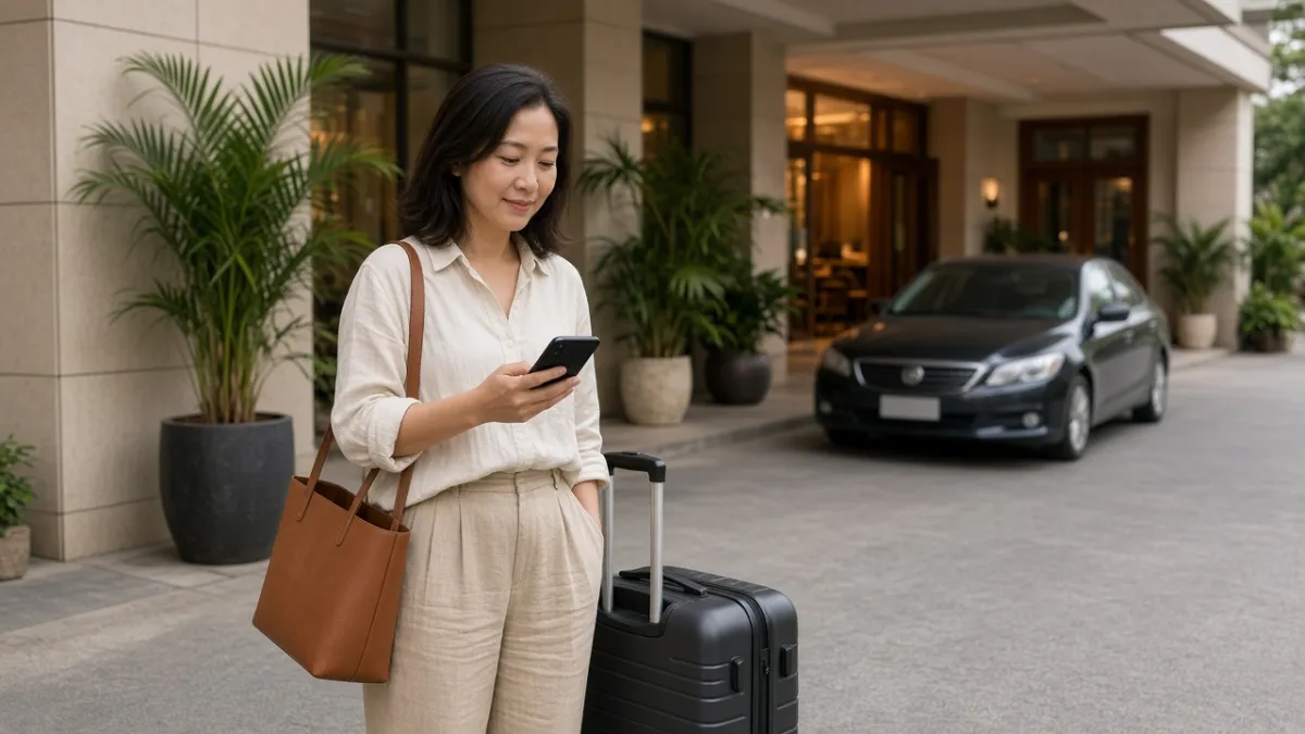 Khách vừa trả phòng, kéo vali ở khu đón và cầm điện thoại — minh họa hóa đơn, khảo sát sau lưu trú.