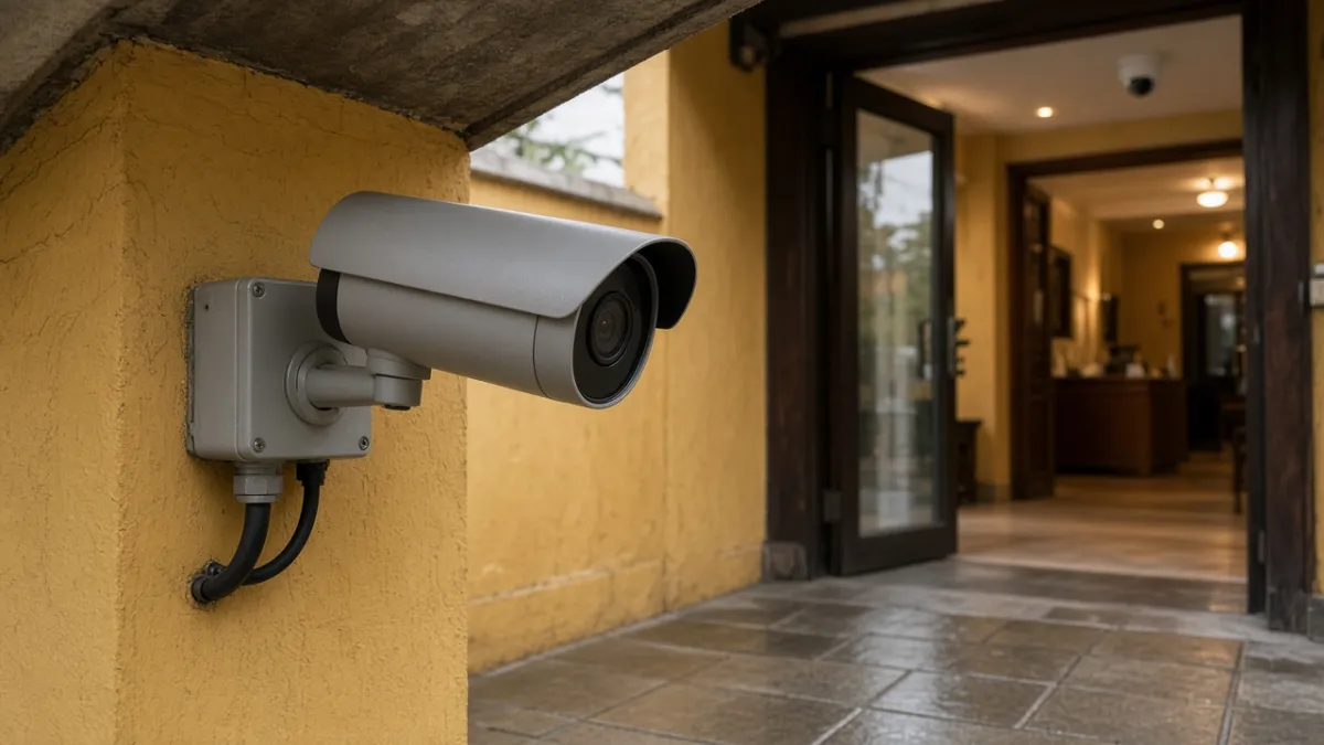 Camera bullet chống nước gắn ngoài hiên và camera dome trên trần hành lang bên trong cùng một công trình.
